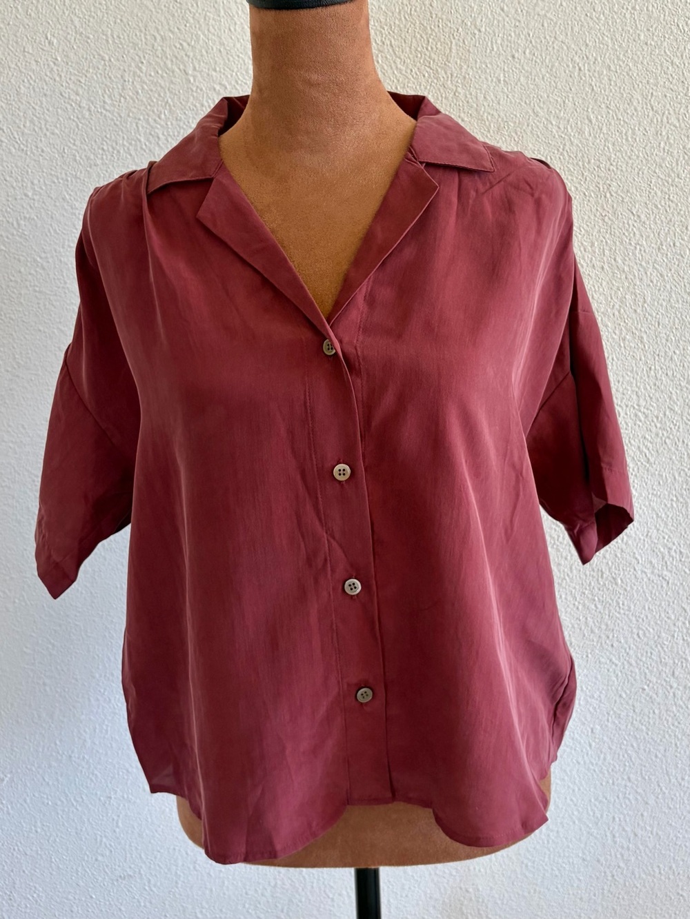 Madewell Silk Short Sleeve Button-Front Top - Wine